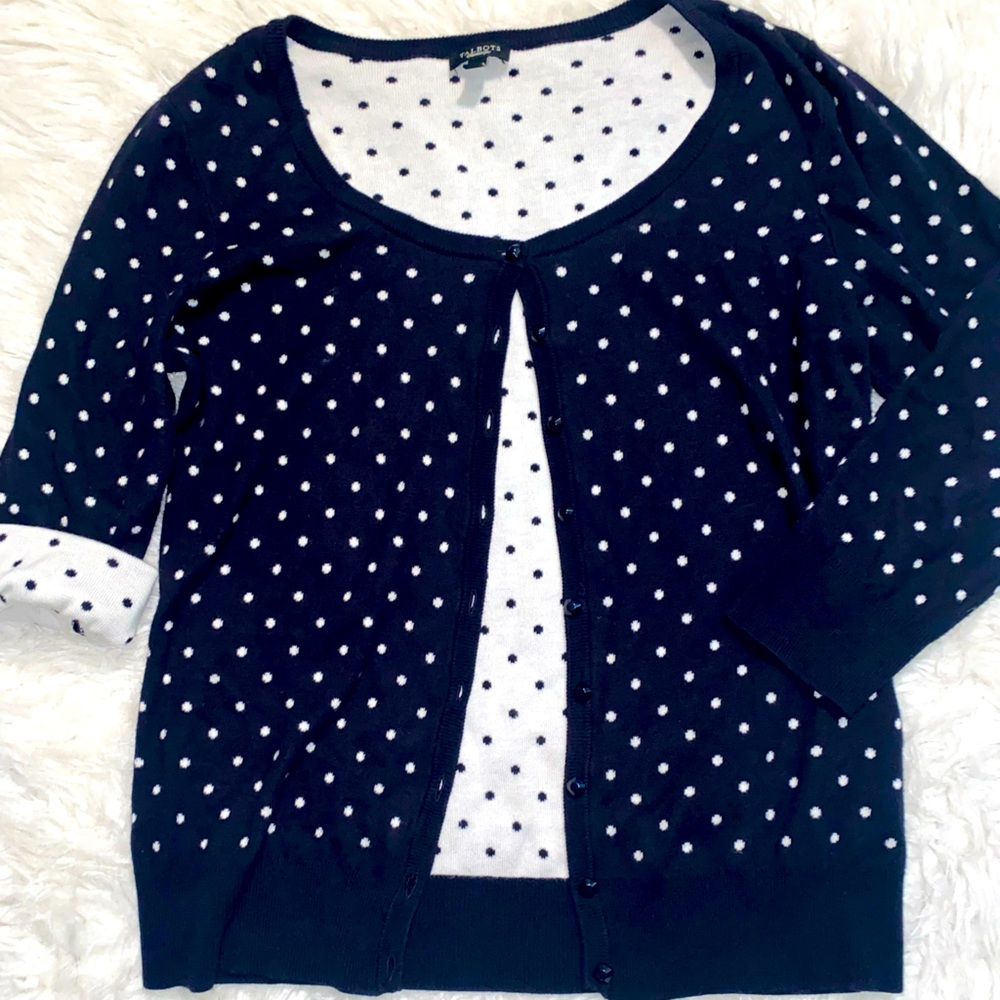 Talbots Dark Navy White Polka Dot Cardigan Sweater Size small